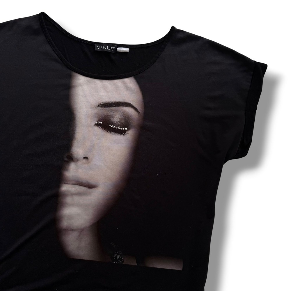 Venus Women's Black Graphic Face Print Rhinestone Scoop Neck Dolman Top Glam Y2K